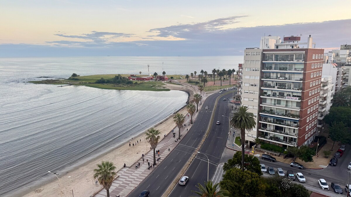 The image showcases a tranquil coastal view of Playa Pocitos, with gentle waves lapping against the shore. The scene captures a blend of palm trees and modern buildings lining the beach, while the horizon meets the calm waters of the Río de la Plata under a softly lit sky.
