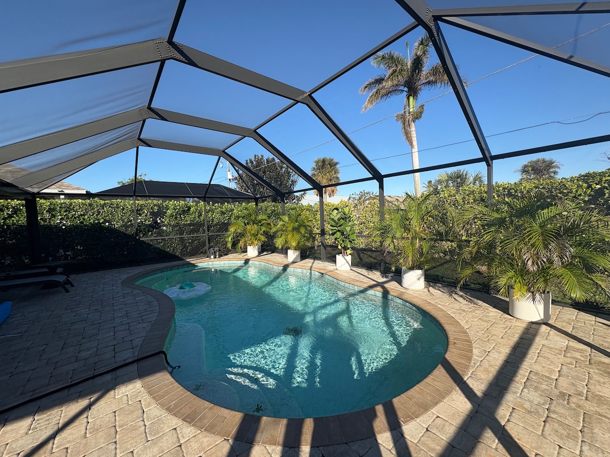 A heated saltwater pool is enclosed within a screened area. Lush green palms and potted plants are positioned around the pool, with sunlight creating reflections on the water's surface. The patio features a stone floor, adding a natural element to the outdoor space.