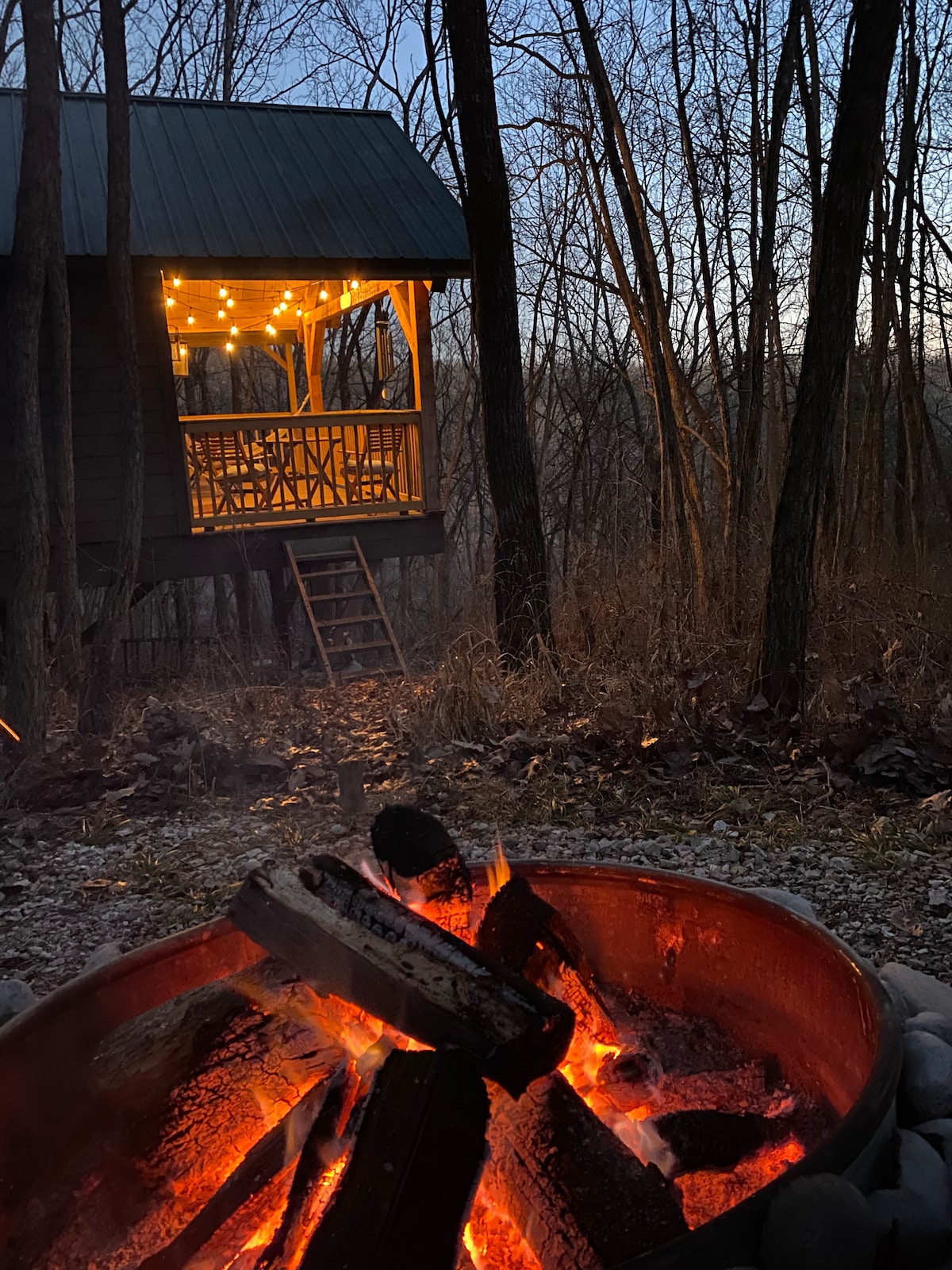 A fire pit, surrounded by stones, contains glowing embers that illuminate the area. In the background, a cabin with a green roof and string lights is visible, nestled among bare trees, creating a serene evening atmosphere.