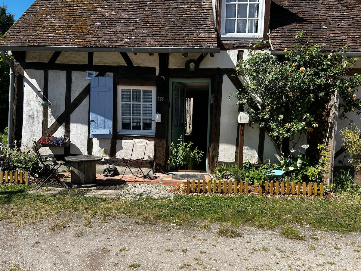 The exterior of a charming Solognote house is visible, showcasing traditional architectural features. A wooden door is framed by a green surrounding, with a small table and chairs positioned at the entrance. Greenery and flowers add natural elements to the entrance area.