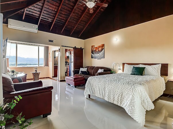 An airy studio space features high ceilings with wooden beams and a spacious bed draped in a white quilt. A seating area includes a brown couch and armchair, while large windows offer ample natural light and a view of the surrounding landscape.