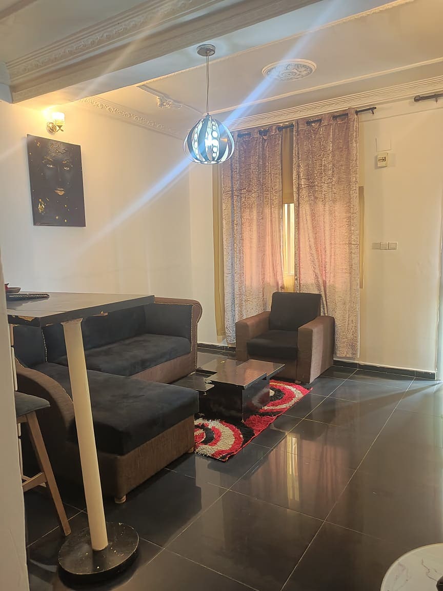 A spacious living area is illuminated by a modern pendant light. Dark furniture includes a sofa and an armchair, complemented by a low coffee table. Sheer curtains allow natural light to filter through, enhancing the ambiance over the patterned rug on the polished floor.