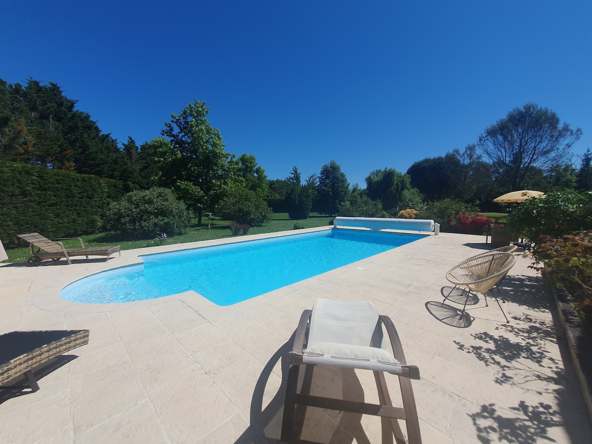 An outdoor area features a rectangular swimming pool surrounded by a tiled deck, lounge chairs, and lush greenery. Sunlight reflects on the clear water, while trees and shrubbery create a serene backdrop. An umbrella provides shade for relaxation near the poolside.