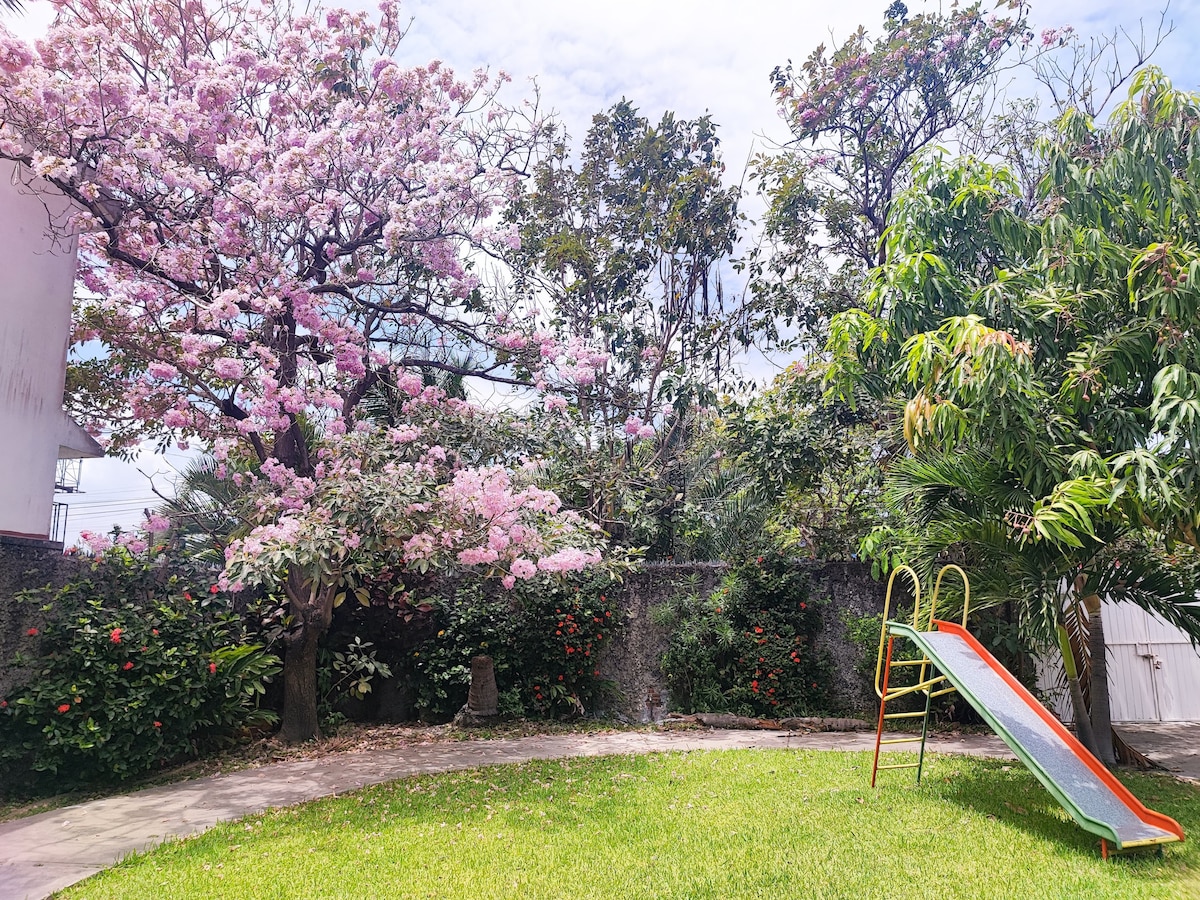 A spacious garden is presented, featuring vibrant flowering trees and lush green grass. A colorful slide is positioned on one side, inviting playful moments. Surrounding greenery enhances the natural ambiance, while blooming flowers add touches of color throughout the space.