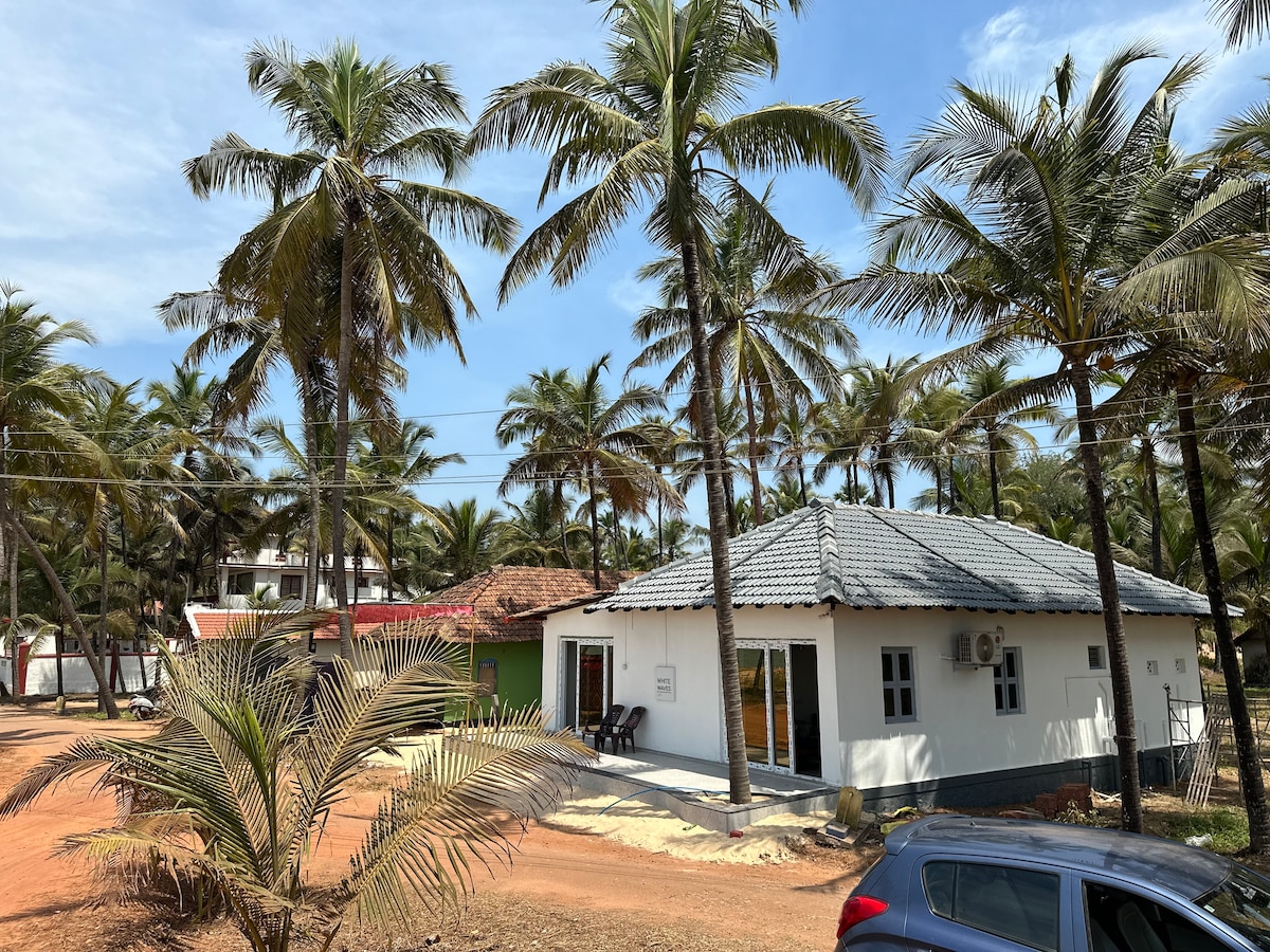 A white, single-story beach home is surrounded by tall palm trees. The structure features a sloped roof and large windows. A patio area with chairs is visible, and a well-maintained dirt path leads to the house, enhancing its connection to the natural surroundings.