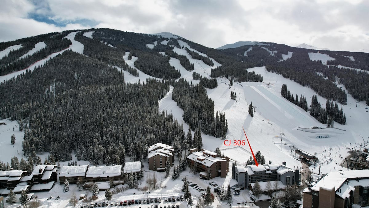 Aerial view of Copper Mountain with the building next to the American Eagle lift