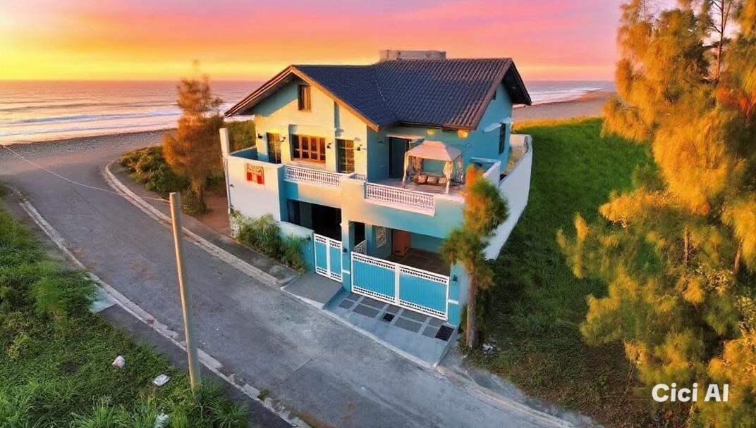 A two-story house features a vibrant blue exterior with white trim. A spacious balcony offers a view of the nearby beach, framed by lush greenery. The sunset casts a warm glow over the scene, creating a calm and inviting atmosphere.