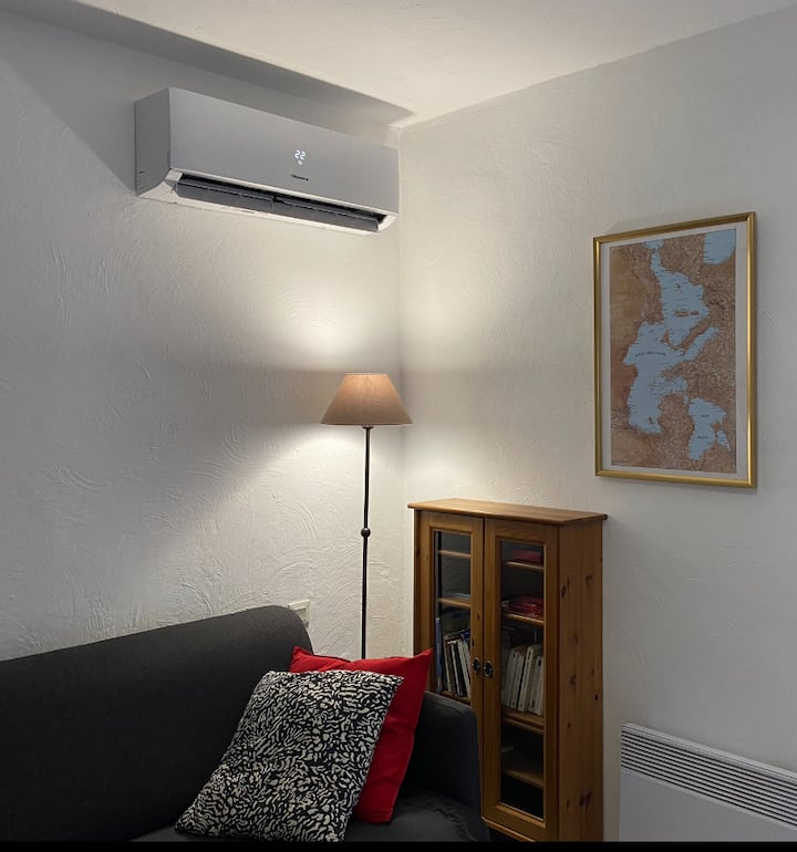 Reverzibilni klima-uređaj. Mala knjižnica. Kauč na razvlačenje s dnevnim krevetom dimenzija 160 cm × 200 cm.