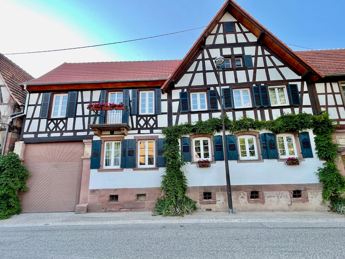 A traditional Alsatian house features distinctive half-timbered architecture, accented by green shutters and flower boxes. The front facade is partially covered in greenery, with a garage door visible at the base. Large windows provide glimpses of the interior, surrounded by a quiet street.