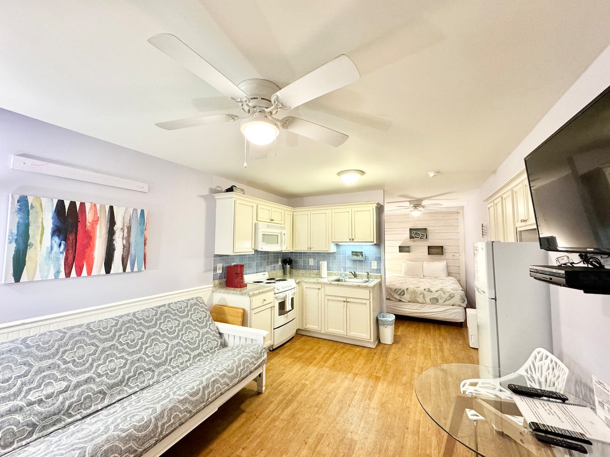The studio layout is shown featuring a compact kitchen with white cabinetry and essential appliances. A full-sized futon is near a small glass table with two chairs, while a queen-sized bed is visible in the background. A ceiling fan provides air circulation.