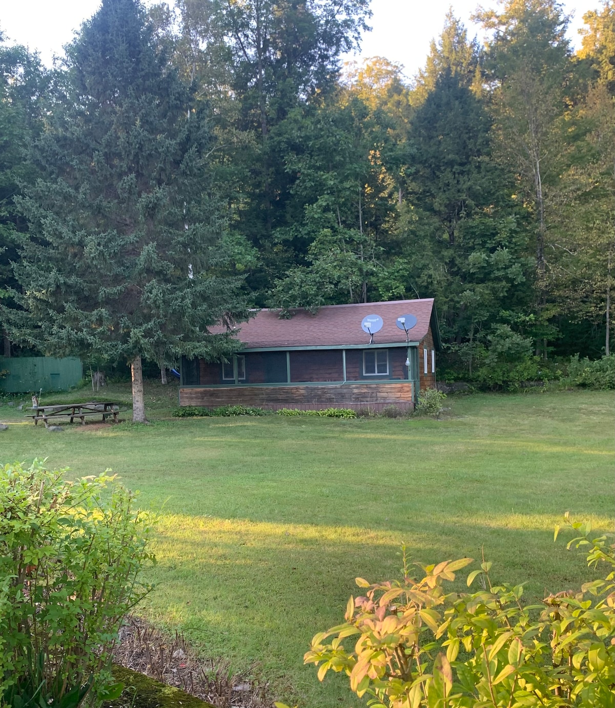 A quaint cottage is situated in a spacious grassy area, surrounded by lush trees. The exterior features wooden siding and a sloping roof. A picnic table is visible in the yard, offering a peaceful outdoor gathering spot.