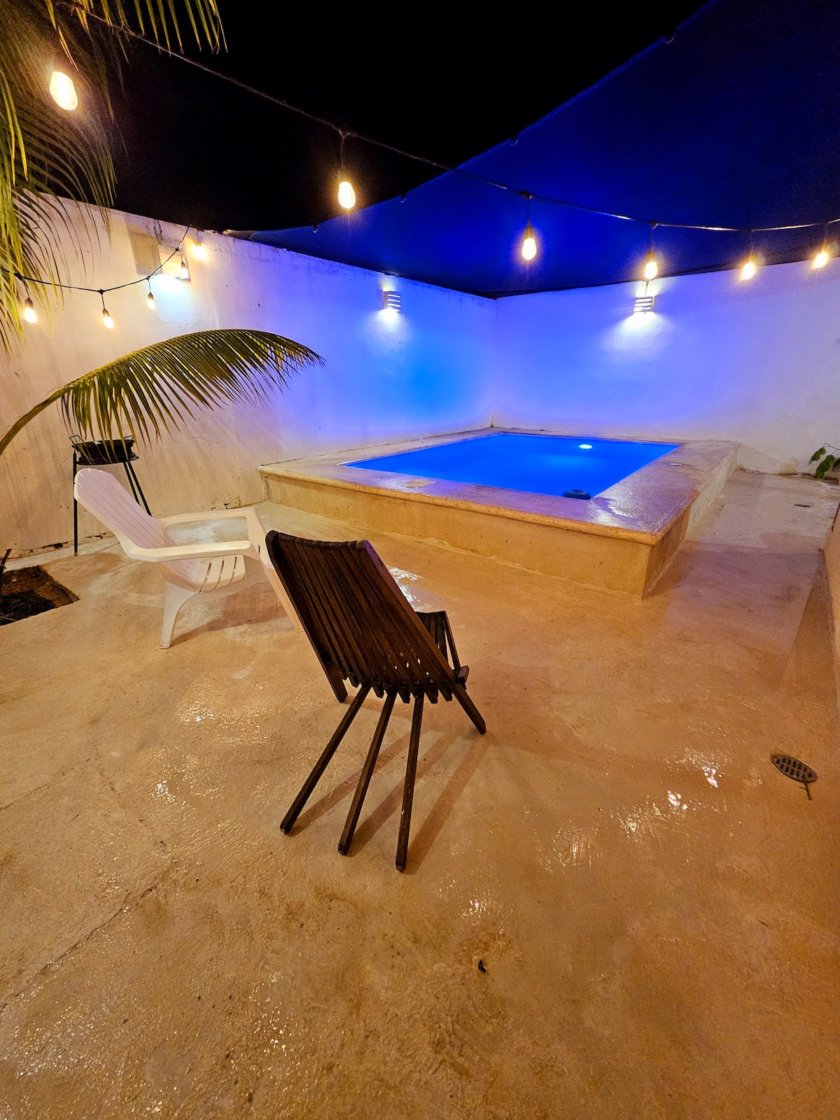 An intimate outdoor space features a small pool with illuminated water, surrounded by smooth concrete flooring. A palm frond adds a touch of nature, while a string of lights creates a calming ambiance. A white chair and a slatted wood chair are positioned nearby.