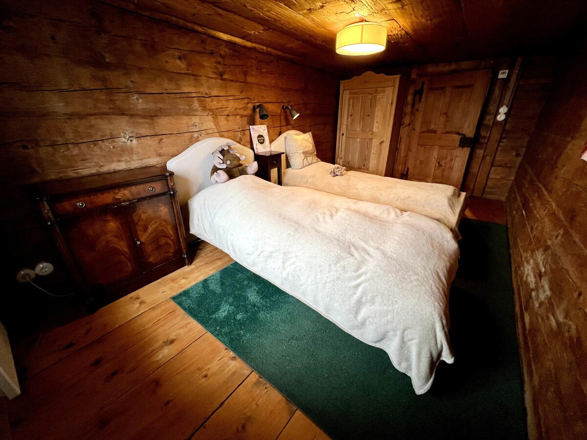 Спалня на горния етаж с две единични легла и изглед към планината. 

Свързва се с телевизионната стая. Това не е транзитна стая.