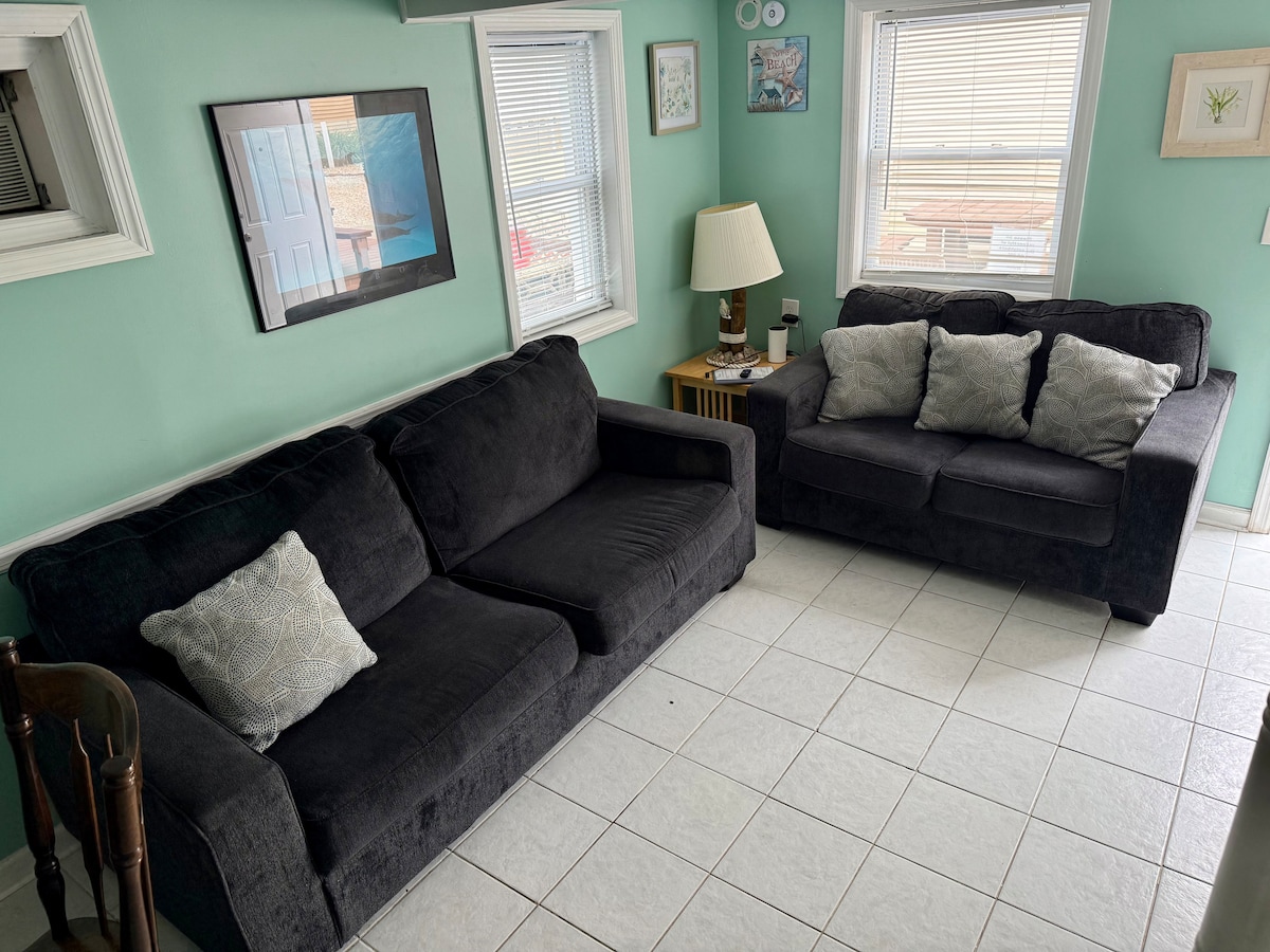 The living area features two dark sofas, one spacious and one smaller, adorned with light decorative pillows. Natural light enters through two windows, creating a bright and airy feel. A small side table with a lamp adds functionality to the space.