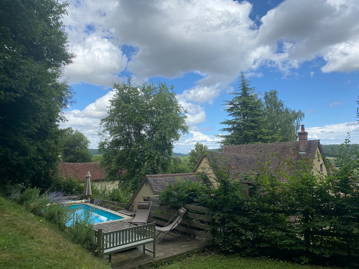 A serene view of the outdoor area features a clear pool surrounded by lush greenery. Large trees offer shade, while the sky is adorned with fluffy clouds. The space includes comfortable seating, providing a relaxing atmosphere for enjoying nature.