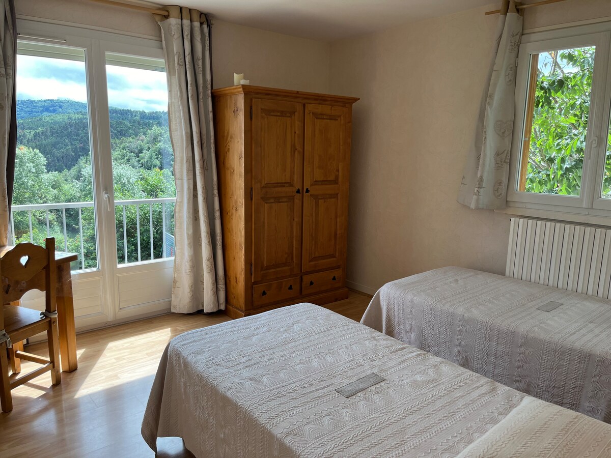 A bright bedroom is furnished with two spacious beds, each dressed in light-colored linens. A wooden wardrobe stands against the wall, and a small chair sits nearby. Large windows provide a view of the surrounding greenery and hills.