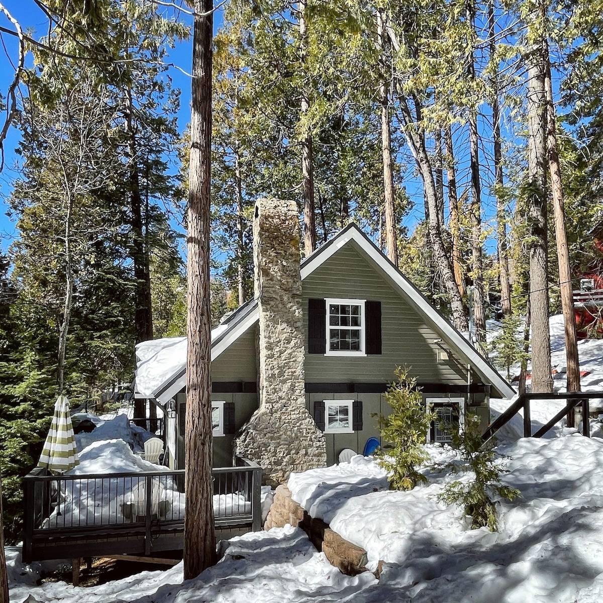 The exterior of a cabin is framed by tall pine trees and a blanket of snow. A stone chimney rises from the roof, while an inviting deck provides access to the cabin. Bright sunshine filters through the branches, illuminating the serene winter landscape.