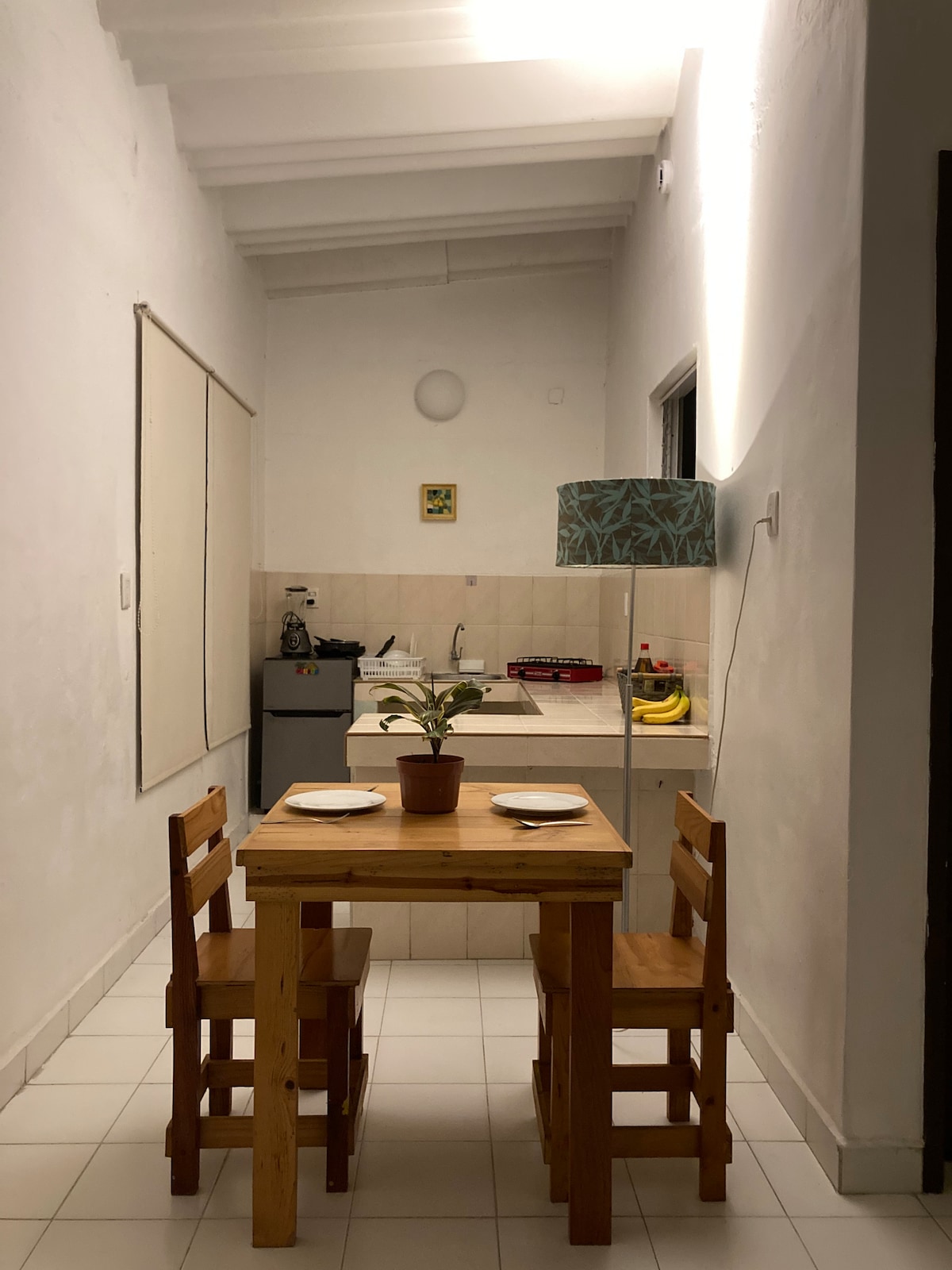 A compact dining area features a wooden table set for two, complemented by two matching chairs. A small potted plant sits at the center. The adjoining kitchenette is visible, equipped with essential appliances, including a mini refrigerator and stove. Natural light accents the space.