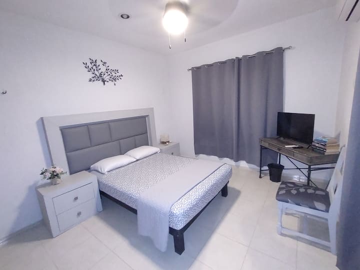 Para su comodidad la habitación cuenta con aire acondicionado televisión smart TV, escritorio de trabajo, ventilador, terraza exterior privada y closet