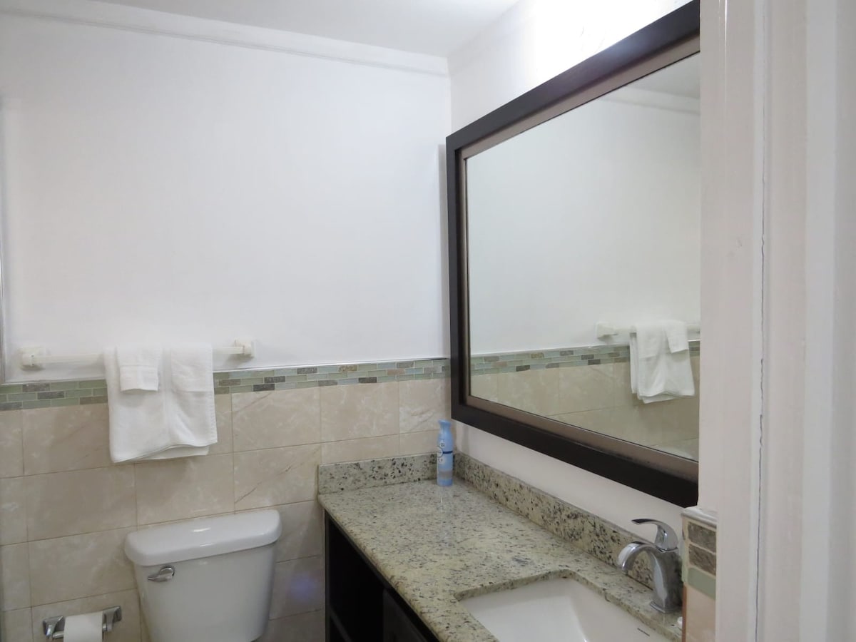 The bathroom features a walk-in shower, a wash basin integrated into a granite countertop, and a toilet. Fresh towels are neatly hung on the wall. A large mirror above the sink reflects the bright space, enhancing the room's overall functionality.