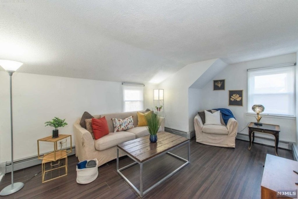 The living room features a large sofa adorned with decorative pillows and a coffee table positioned centrally. A corner chair offers additional seating. Natural light filters in through two windows, complemented by a standing lamp. A small plant adds a touch of greenery.
