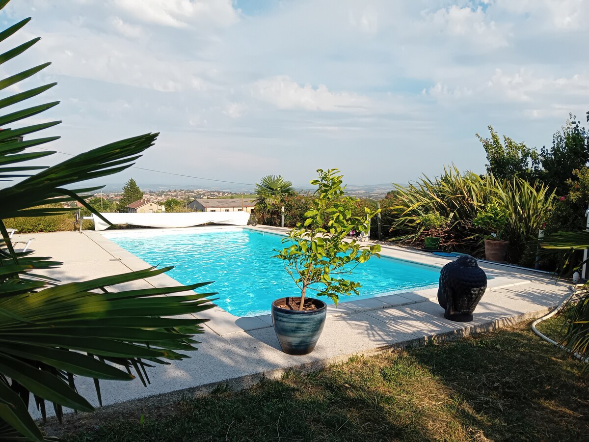 A swimming pool is surrounded by manicured gardens and leisure areas, offering a serene outdoor space. A small potted plant rests by the pool's edge, adding a touch of greenery. The landscape beyond the pool extends with distant views of nature.