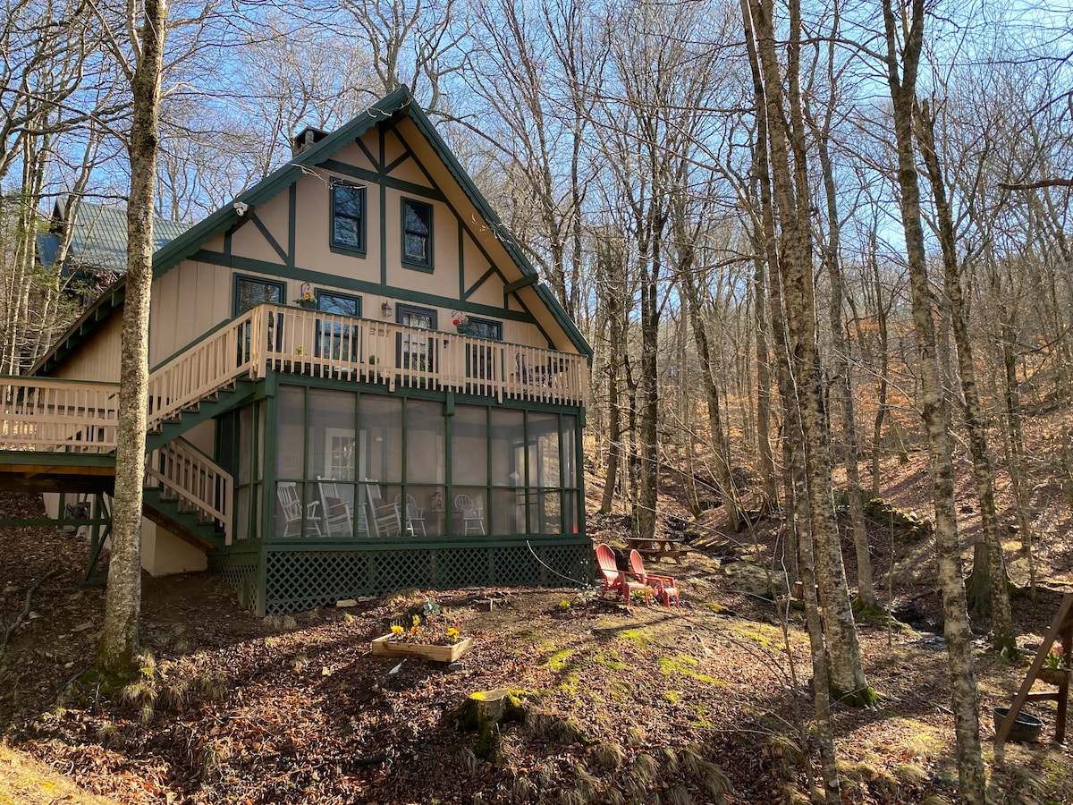 A charming chalet is set amidst bare trees, featuring a spacious screened-in porch with rocking chairs. The exterior showcases a blend of green and beige colors, and a few red lounge chairs are located nearby. A gentle stream flows behind the house.