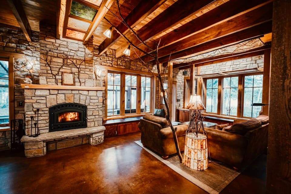 A stone-and-bark cabin on Lake Medora, Eagle Harbor Township, Michigan, United States, photo 4 of 10
