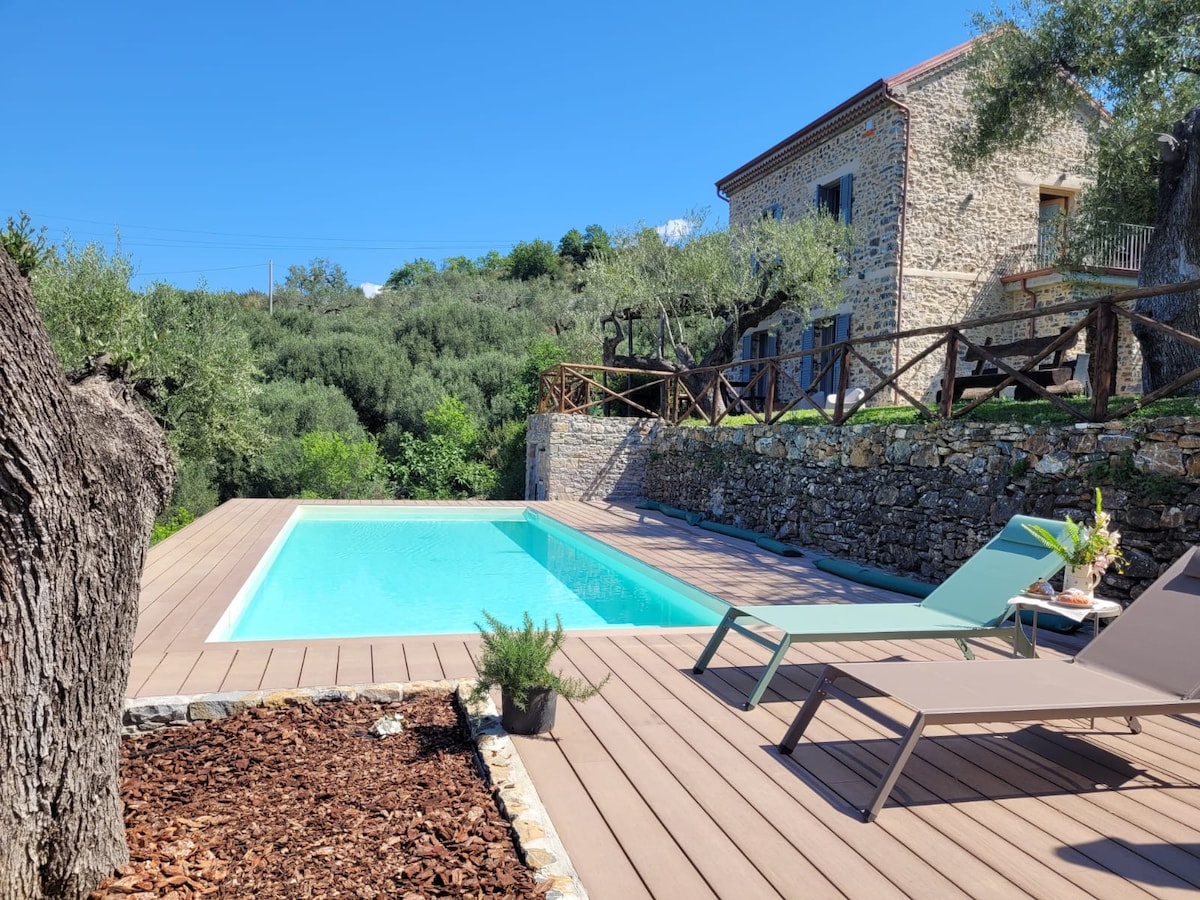A private pool is set within a wooden deck, surrounded by greenery and olive trees. Two lounge chairs are positioned nearby, creating a relaxing space. The stone villa stands in the background, harmonizing with the natural landscape under a clear blue sky.