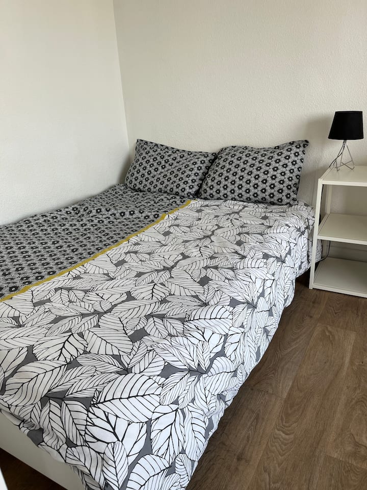 Cama doble en el espacio de la habitación