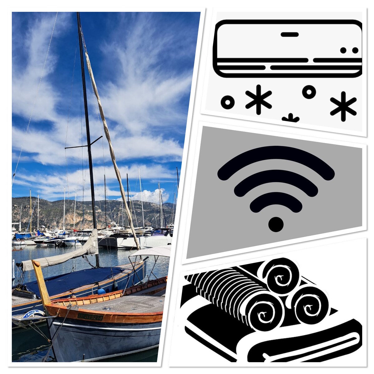 A view of a calm marina showcases a traditional boat alongside various other yachts, all set against a clear blue sky with soft clouds. Icons of air conditioning, Wi-Fi, and fresh linens represent the amenities available in the apartment.