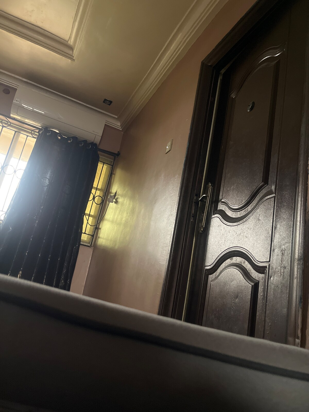 A view of a hallway is presented, featuring a dark wooden door with a prominent design. Soft light enters from a nearby window, partially obscured by dark curtains. The wall displays a warm color palette, adding to the welcoming atmosphere of the entrance.