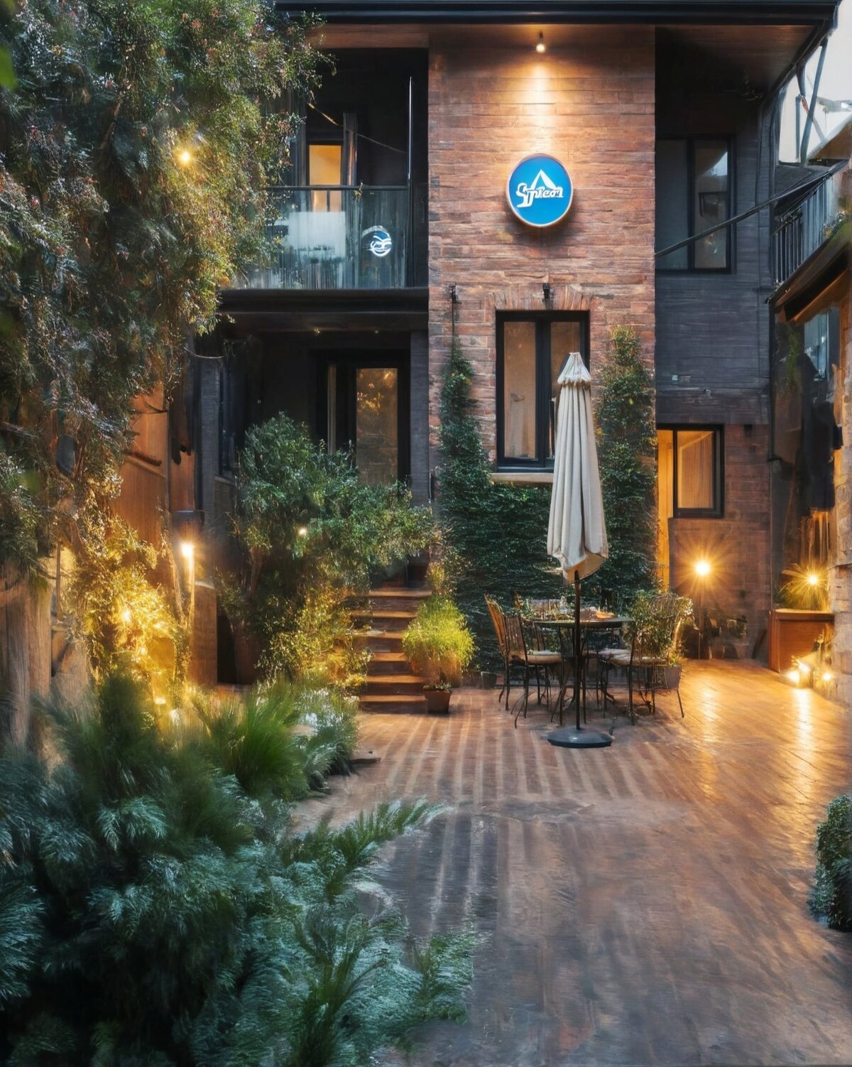 A cozy courtyard is surrounded by lush greenery and softly illuminated by warm lights. The wooden deck features a dining area with a round table and chairs. Stairs lead to the entrance of a multi-story building adorned with plants.