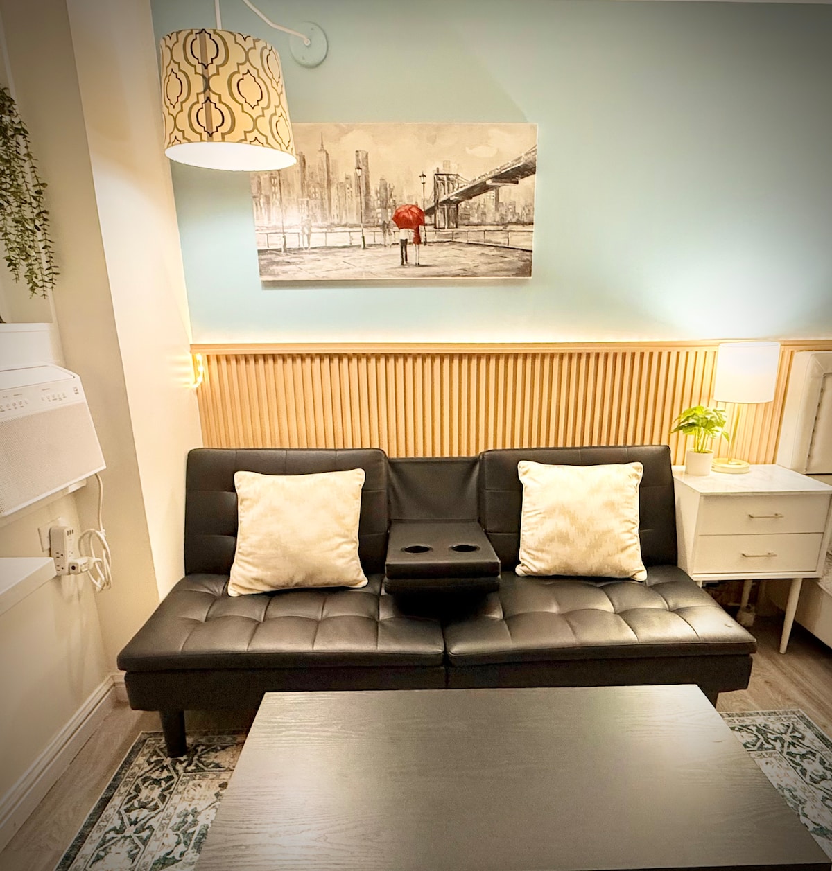 72” futon sofa, coffee table