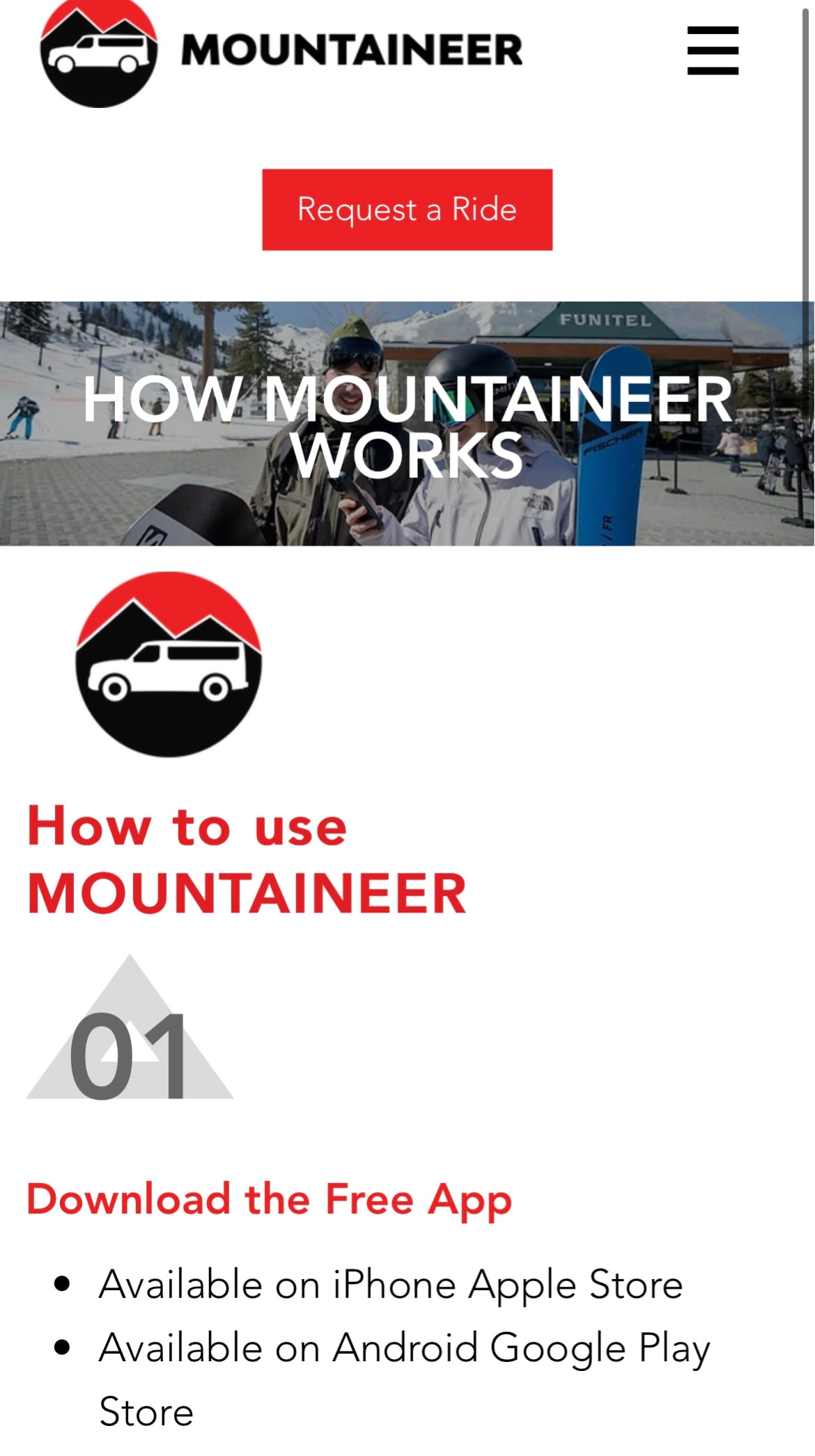 A smartphone interface showcases the Mountaineer app's features, including options to request rides and download links for the Apple and Android stores. The numbered steps are presented clearly, guiding users on how to utilize the service effectively while navigating the resort.