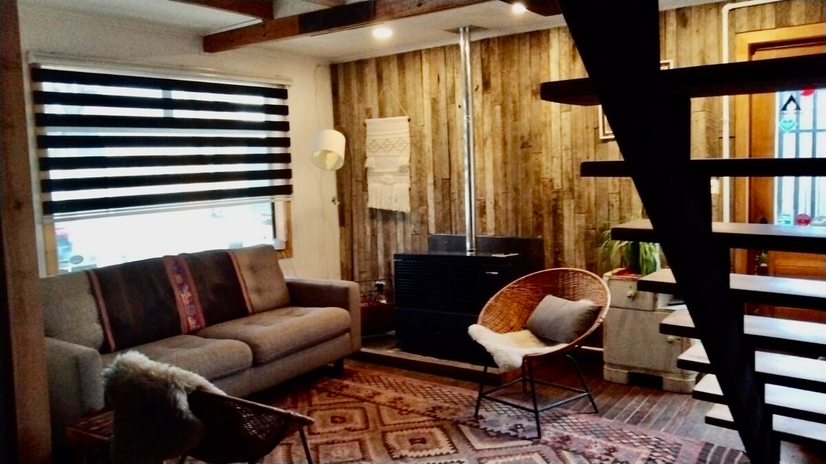 A modern living area features a comfortable sofa and a woven chair, arranged on a patterned area rug. Wood-paneled walls and a freestanding fireplace add warmth, while large windows with dark blinds provide natural light.