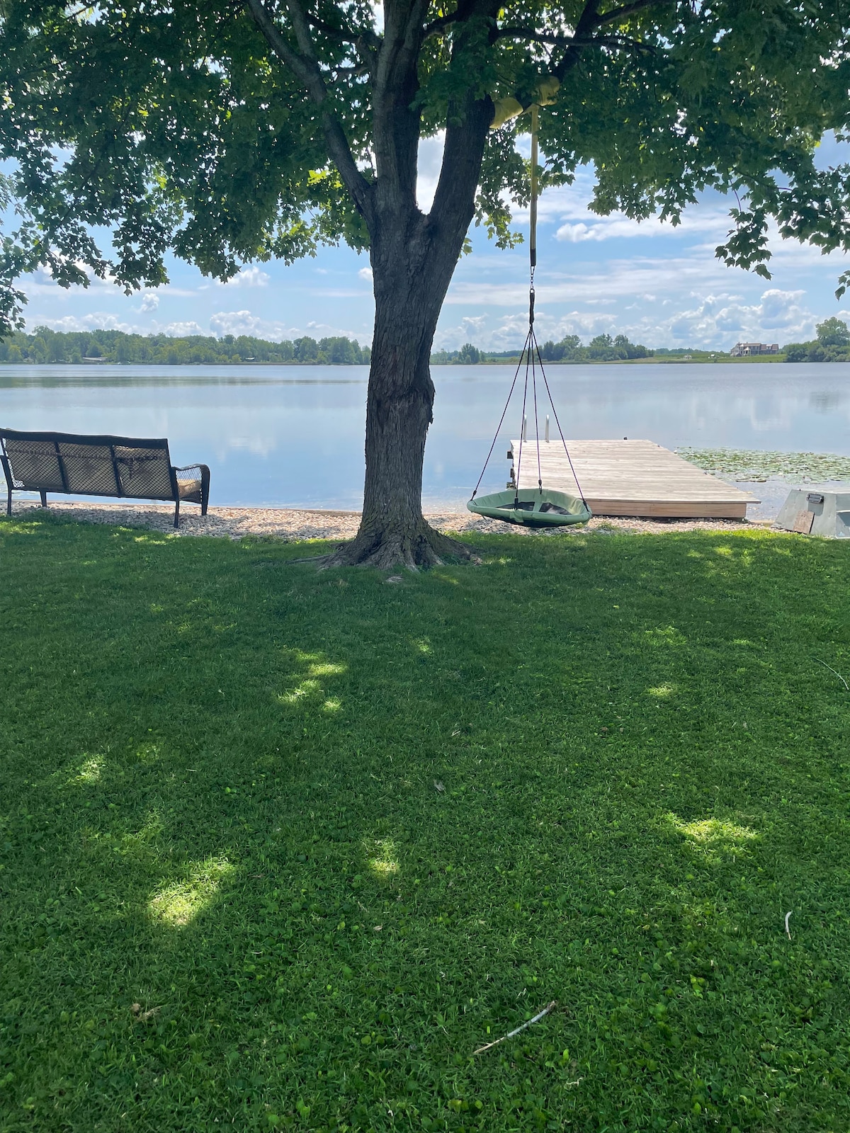 A serene view of a grassy area featuring a swing hanging from a tree, overlooking a calm lake. A seating area with a bench is visible, positioned beneath the shade. The private pier extends into the water, surrounded by lily pads under a clear sky.