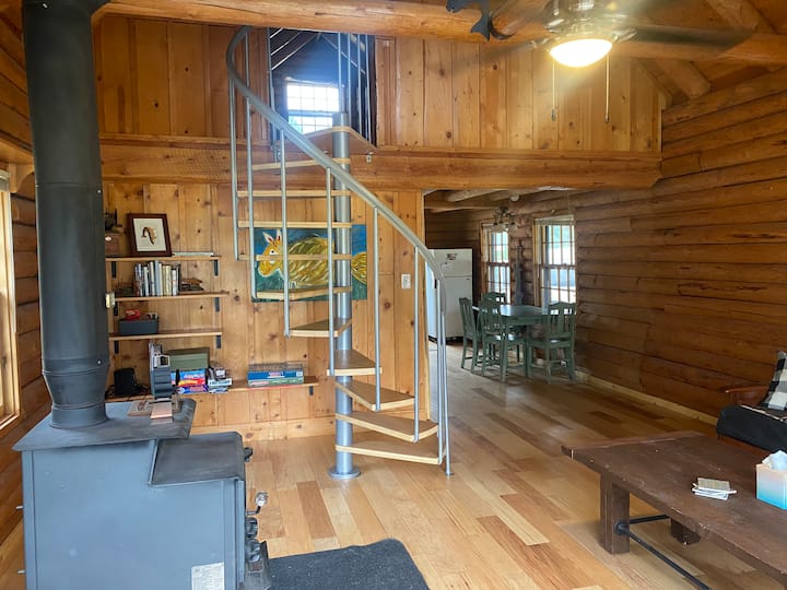 Основна всекидневна зона с дървена колиба с изглед към лофта.