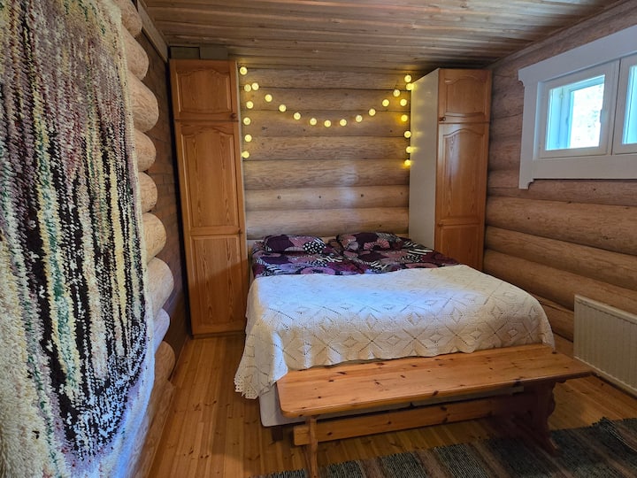 Downstairs bedroom with a queen-size bed.