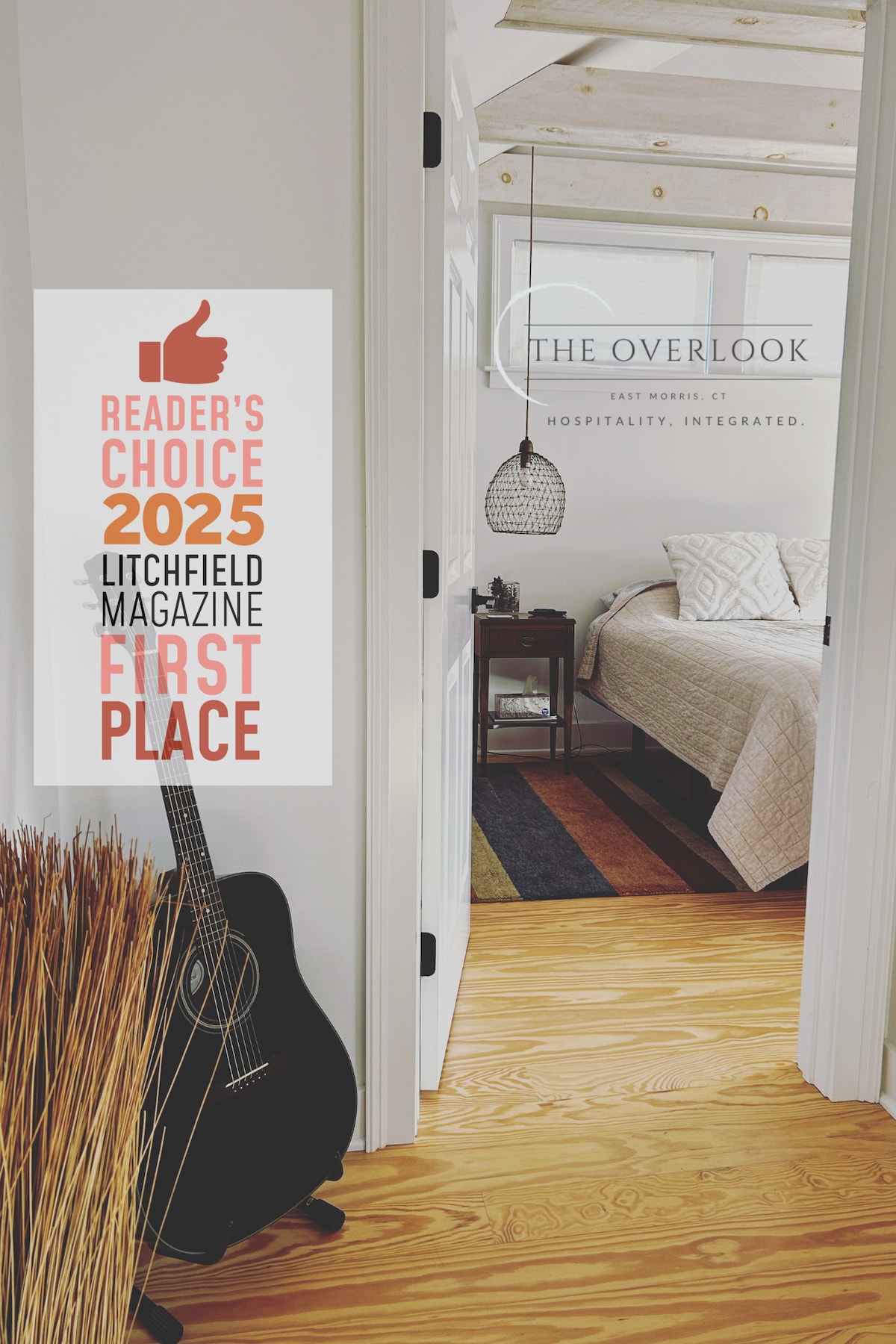 A welcoming entrance leads into the cozy bedroom area, where a spacious bed is adorned with soft linens. Light filters through an opening, illuminating the simple yet elegant decor. A guitar stands casually against the wall, adding a touch of character to the space.