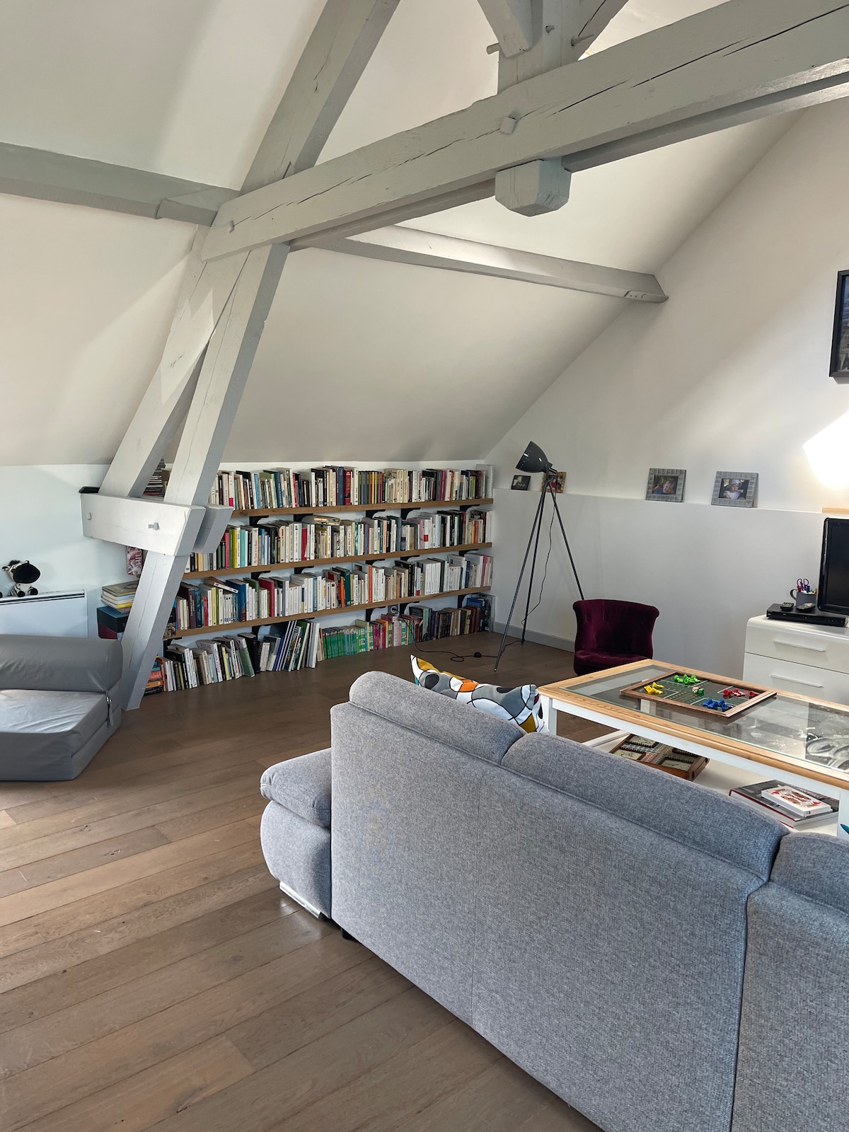 A cozy corner of a loft space is shown, featuring a comfortable gray sofa and a large bookshelf filled with books. A small table with games is visible, and wooden beams add character to the high ceiling, contributing to a serene environment.