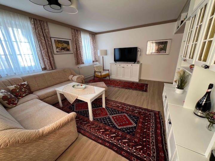 Große Wohnlandschaft mit Hocker (Sitz- und Schlaf-Couch / Liegefläche 150x200 cm). Einbaumöbel.  Couchtisch. Kommode mit Smart SAT-TV 55 Zoll - HD-SAT-Programme, Streamen mit eigenem Konto.  Radio. Lesesessel. Stehlampe. Kuscheldecke, Polster, …