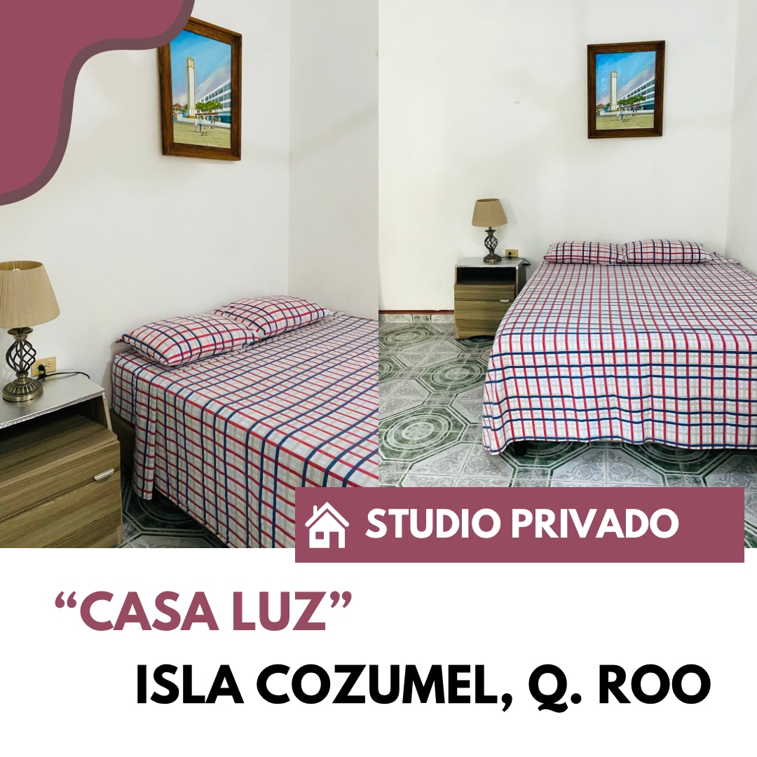 A comfortable bedroom showcases a well-made bed featuring a checkered duvet. A side table with a lamp is placed next to the bed, while a piece of artwork decorates the wall. The room's flooring adds a distinctive touch to the overall ambiance.