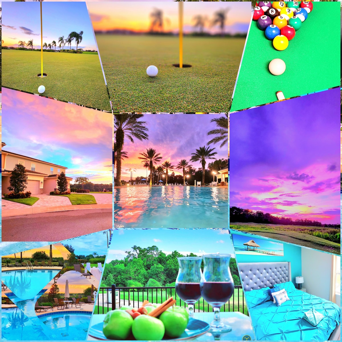 A collage of vibrant images showcasing various features. Golf and pool settings are highlighted, along with palm trees and colorful skies. Refreshments are placed on a table, offering a serene view of the landscape. The cozy sleeping area displays comfortable bedding and decor.