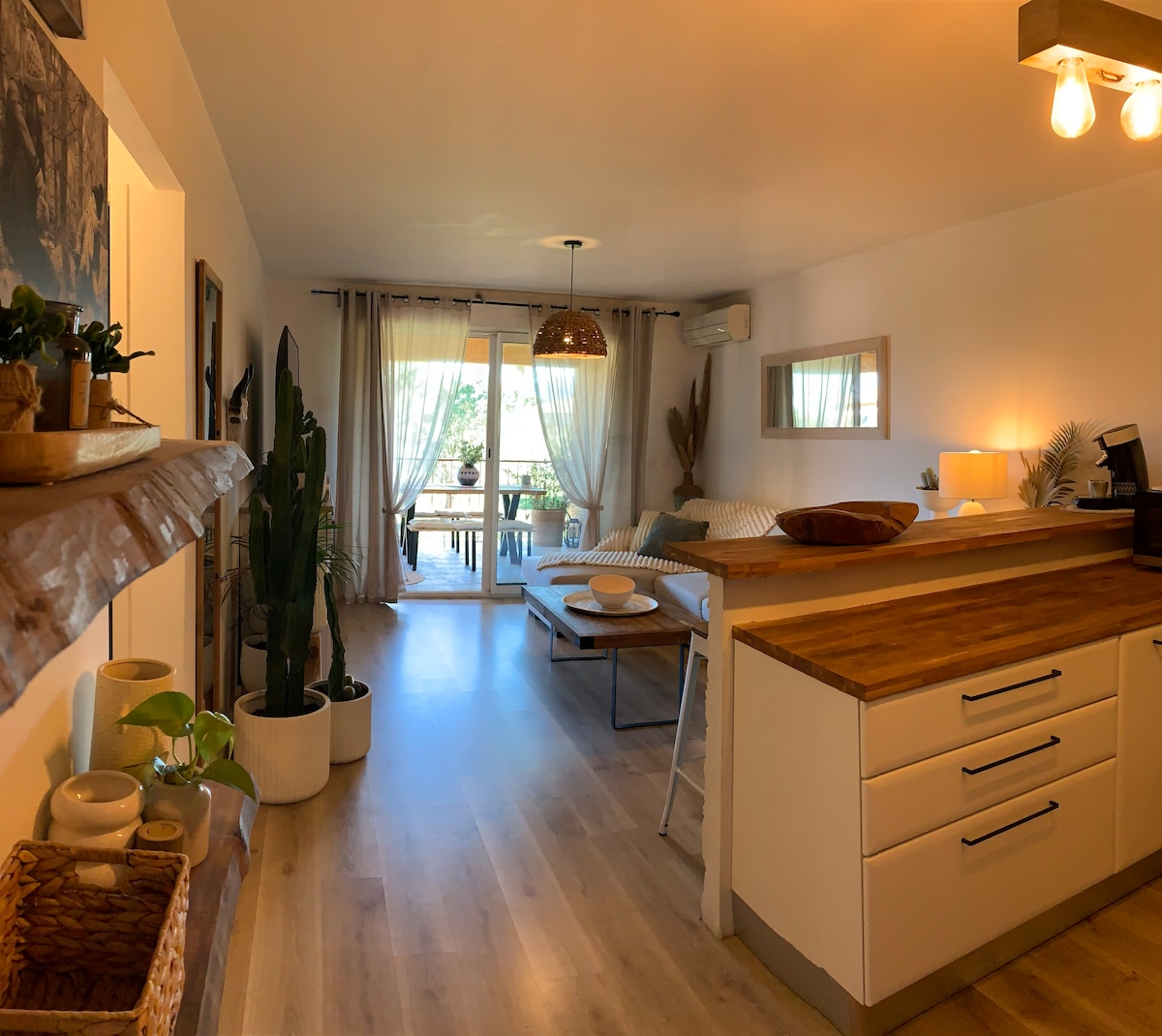 A spacious living area features a seating arrangement with neutral-colored cushions, complemented by a wooden dining table. Natural light filters through sheer curtains, illuminating the room. A modern kitchen area can be seen, with plants adding a touch of greenery to the decor.