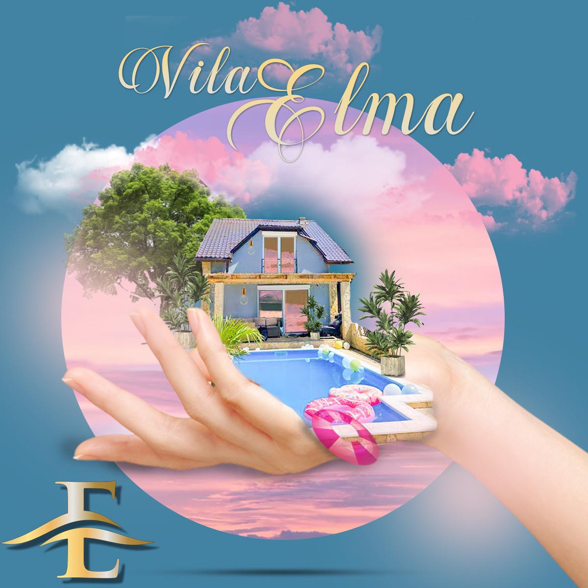 A hand gracefully holds a miniature depiction of a charming house nestled among greenery, with a swimming pool and lounging area visible. The background features a colorful sky at dusk, enhancing the serene atmosphere of the setting.