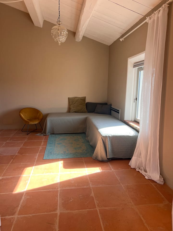 Esta habitación es independiente de la habitación 4, pero puede constituir una sola suite grande.
Tiene un baño con ducha independiente.
Las dos camas individuales pueden formar una cama doble grande (bajo petición)