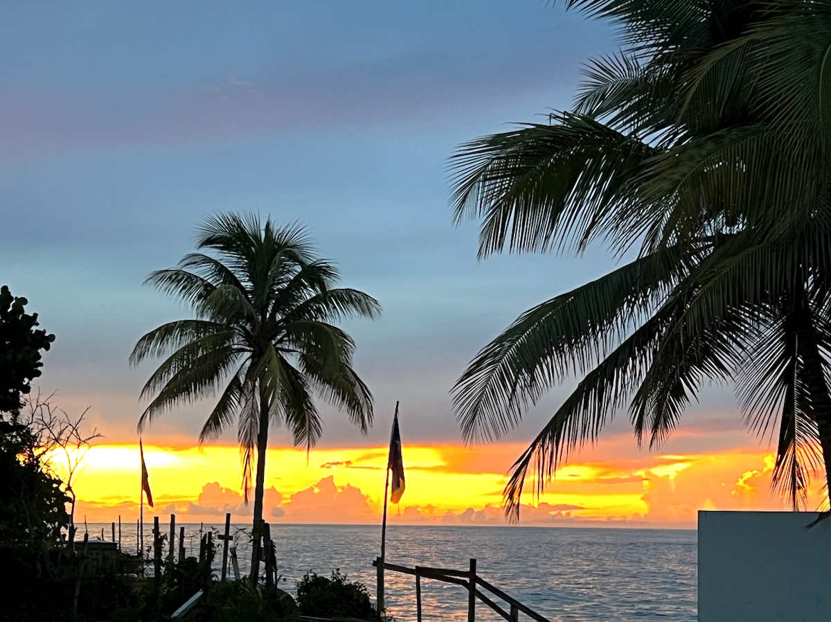 A serene coastal scene features silhouettes of palm trees against a vibrant sunset. The horizon reveals an array of warm colors, blending into the ocean. The tranquil waters reflect the fading light, creating a peaceful atmosphere typical of a beachside retreat.