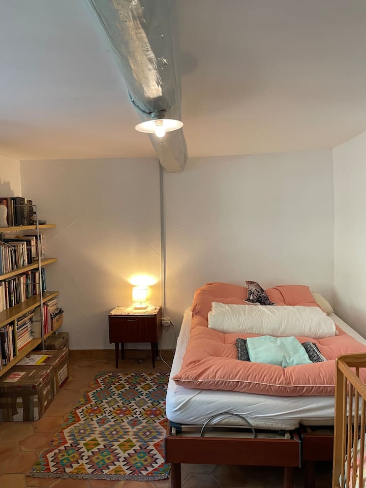 符合人体工程学的双人床，配有来自土耳其的美丽基里姆地毯，窗户可通往后花园。 这个房间晚上很安静。