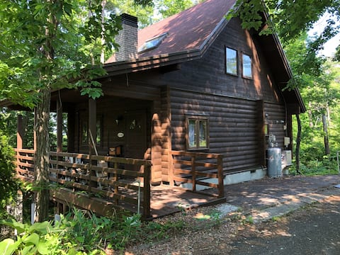 Troll's Cabin, a log cabin in the woods with a fireplace and an open balcony